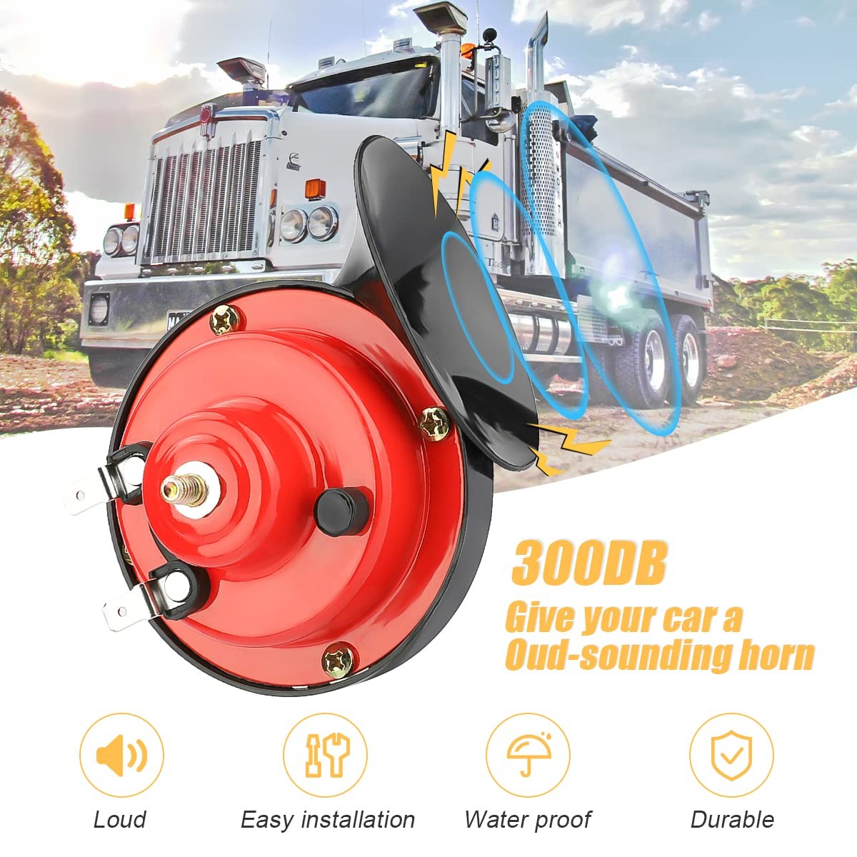 300DB Super Loud Train Horn, 2PCS Car Air Electric Snail Double Horn, 12V