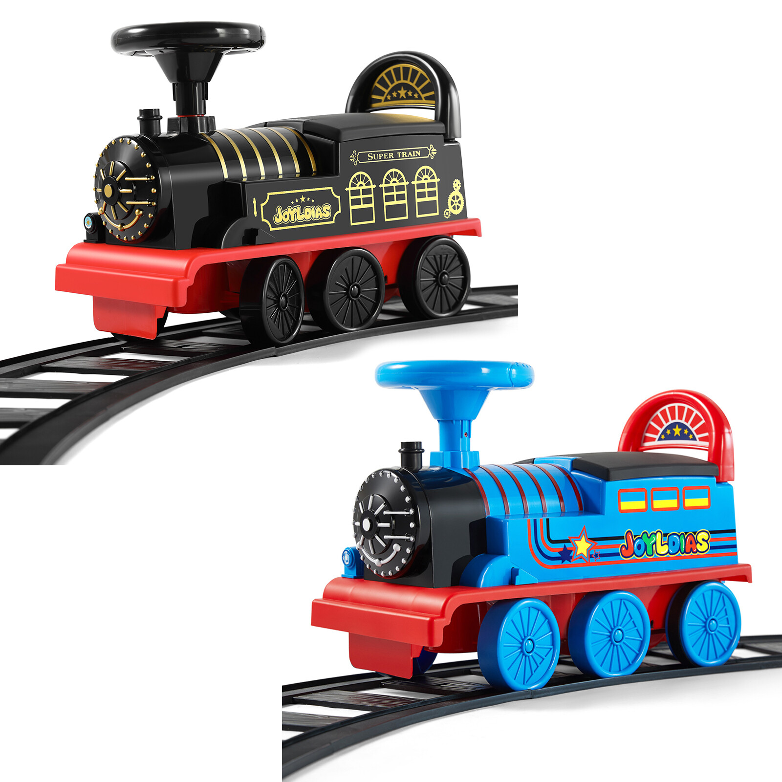 6V Kids Ride On Train Electric Toys Car w/Tracks+Lights+Music+Storage Black/Blue