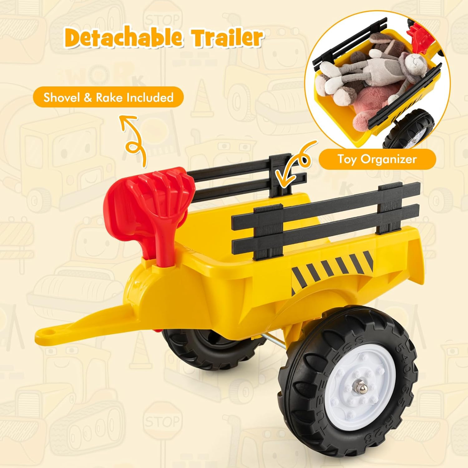 Kids Ride on Excavator, Pedal Digger Car Bulldozer with Manual Control Bucket, D