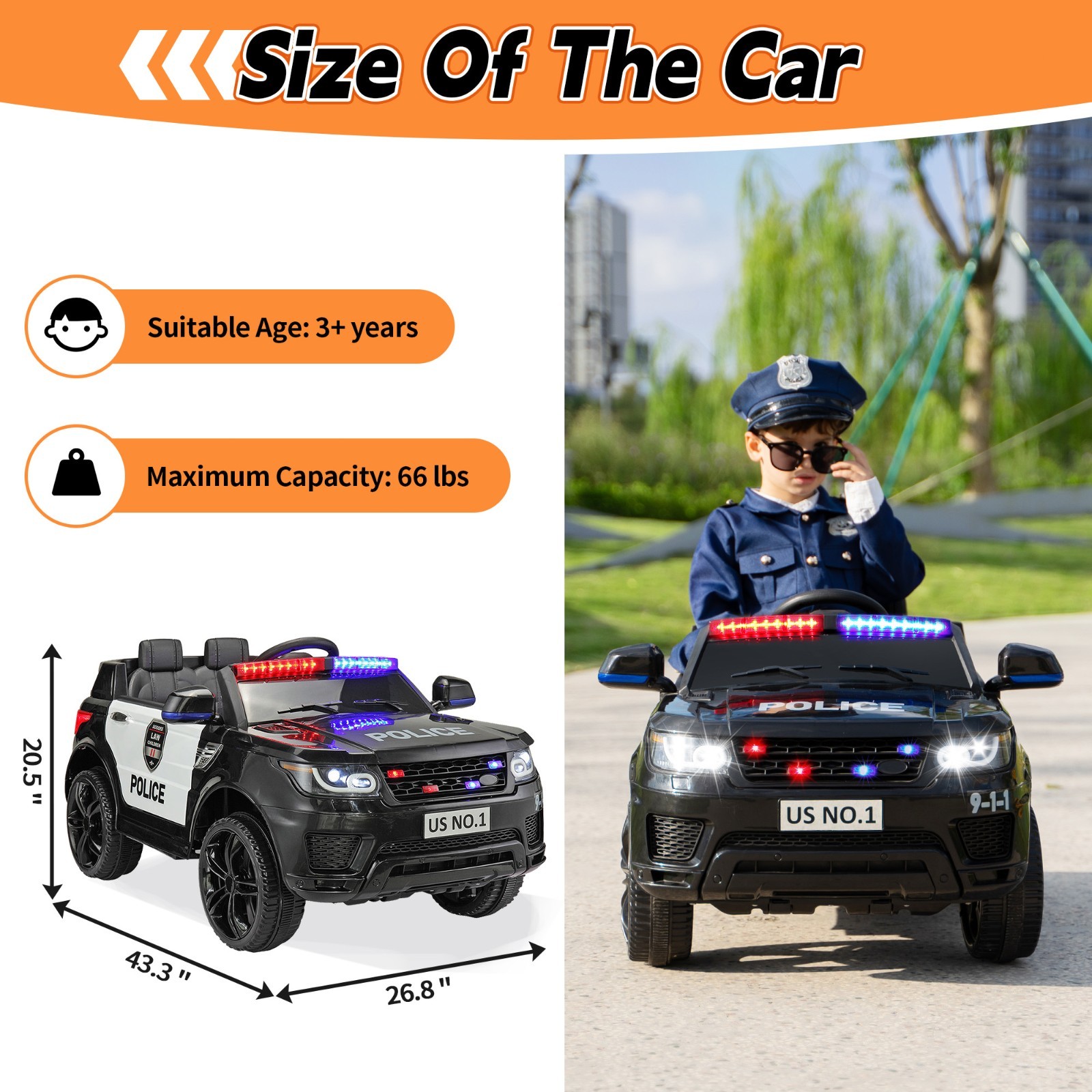12V TOBBI Kids Ride on Police Cars with Lights & Sounds Power Remote Control
