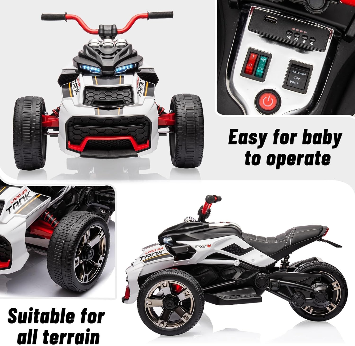 12V Electric 3-Wheel Kids ATV,Battery Ride-On Truck with Lights, USB, 7MPH Speed