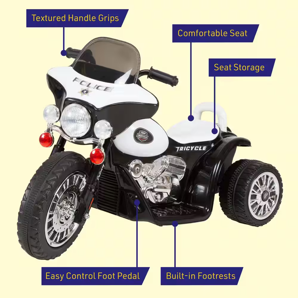 3-Wheel Battery Powered Ride on Toy Motorcycle Police Chopper in Black