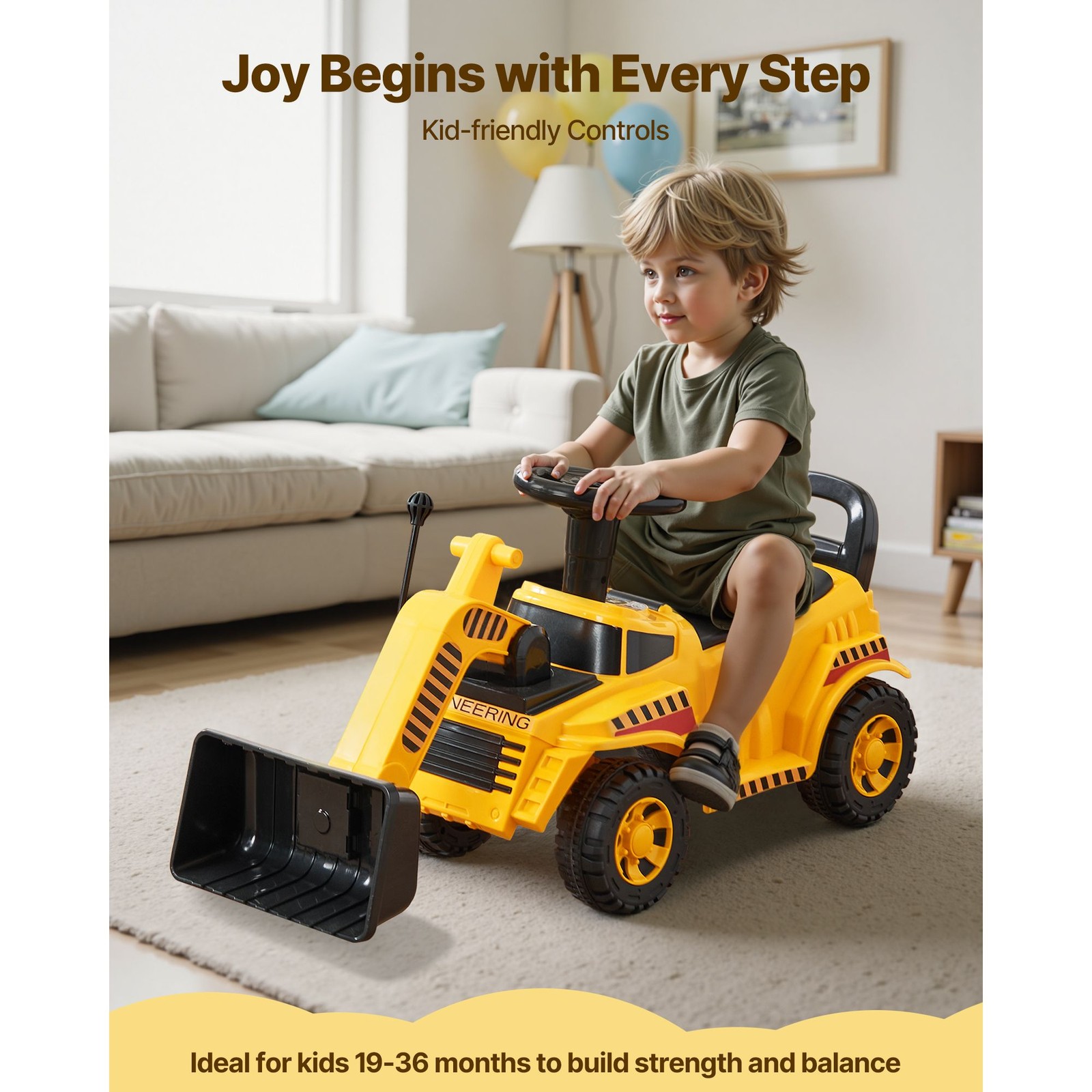 Yellow Push-Along Excavator Ride-On Car, PP Body, Non-Slip Wheels, 7.4lb