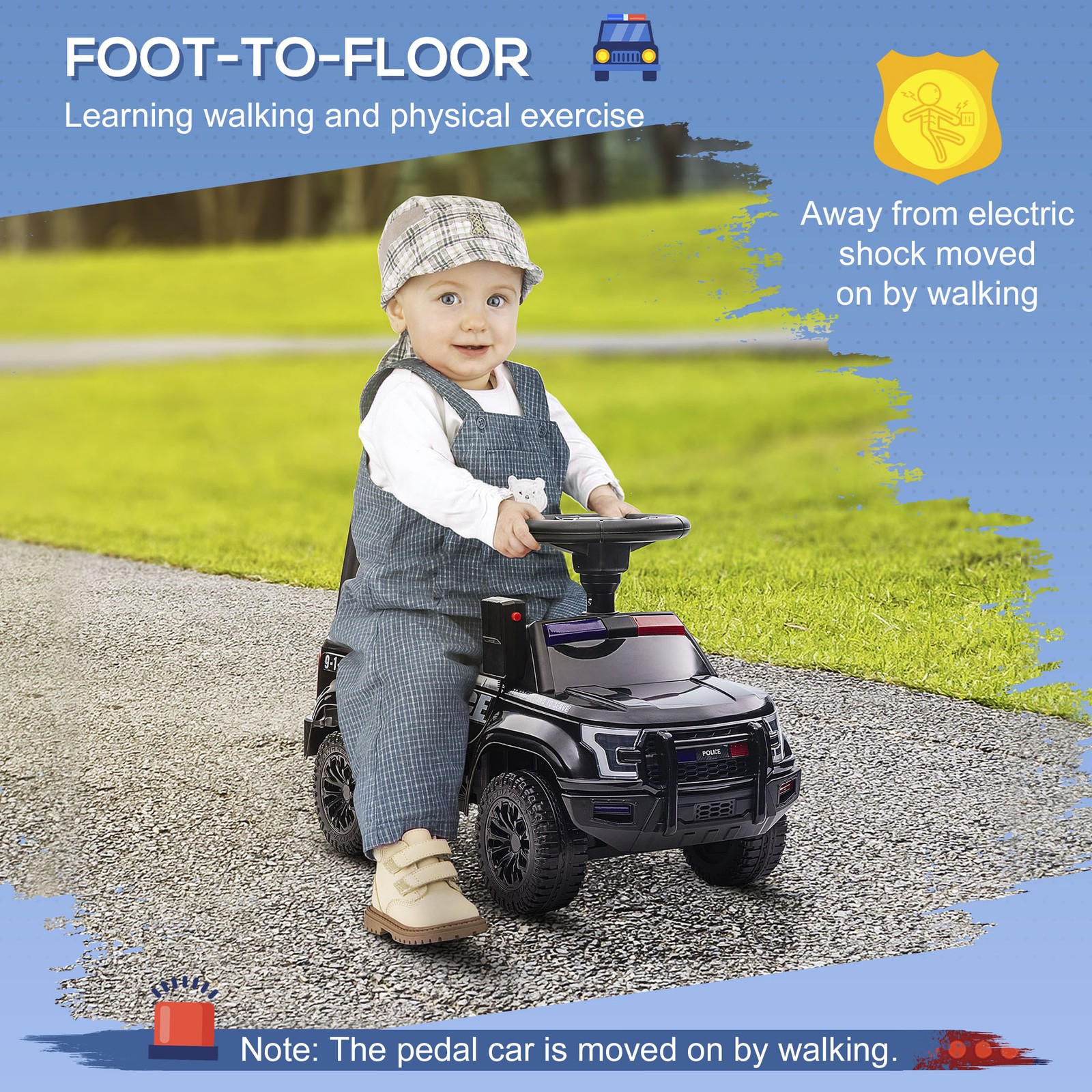Kids Sliding Car Police Truck Style Ride On W/ Under-Seat Storage Black