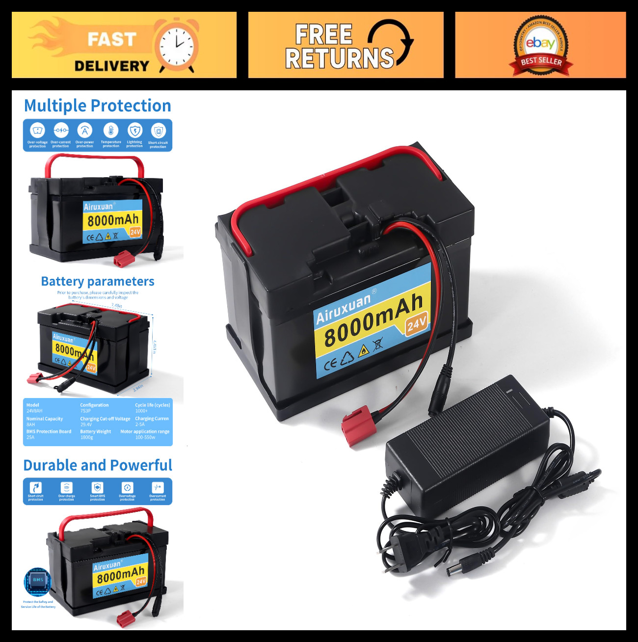 24V 8Ah Lithium Battery for Kids Ride-On Cars, 25A BMS, 2A Charger, Compatible U