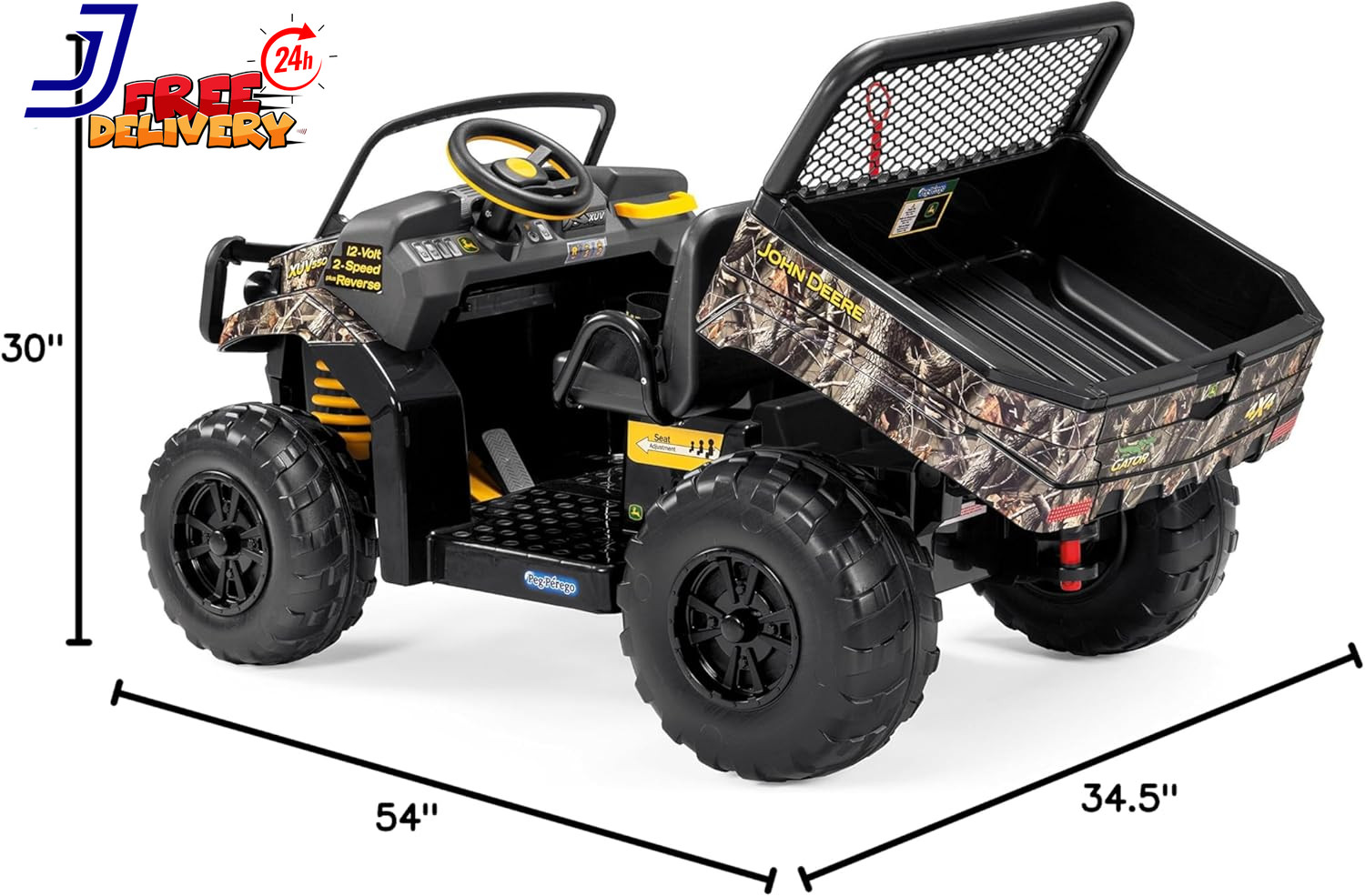 John Deere Camo Kids Ride-On Gator XUV Battery-Powered Dump Bed Tailgate 3-8 Yrs