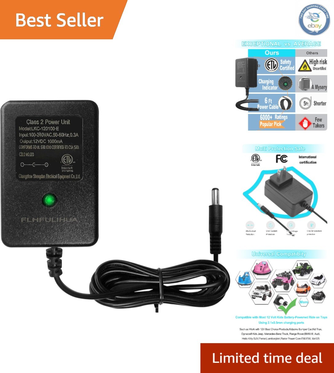Rechargeable 12V Battery Charger for Kids Ride-On Toys – LED Charge Indicators