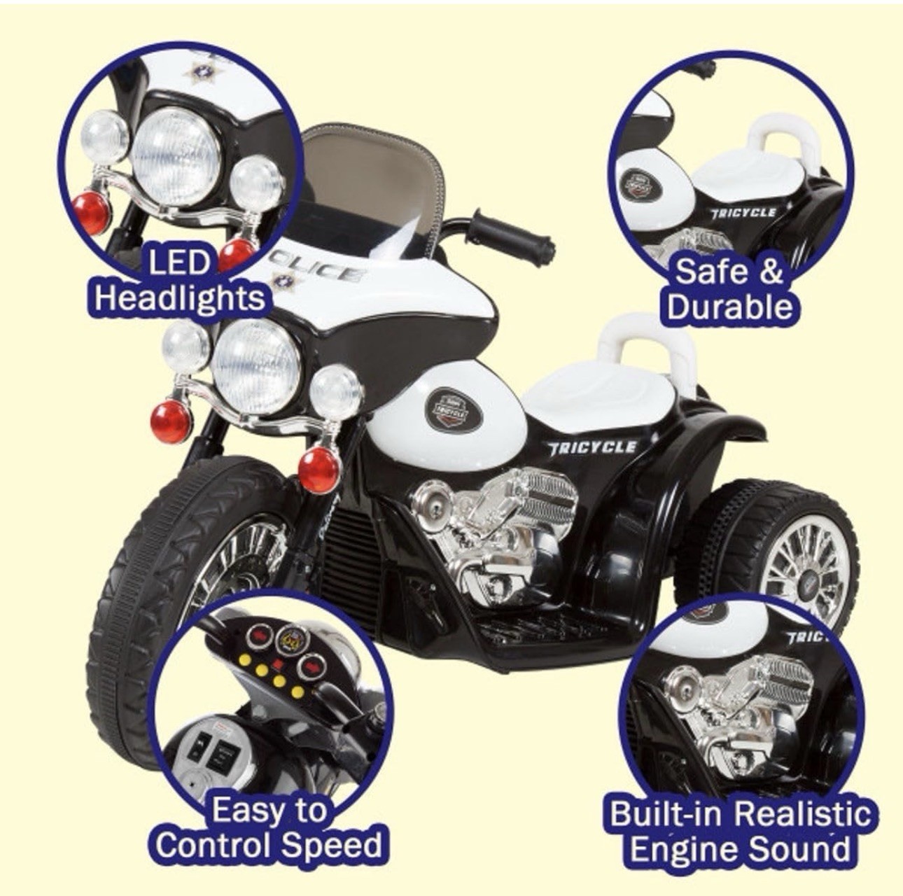 Kids 3-Wheel Motorcycle Ride On Toy Battery Powered Police Decals Headlights New