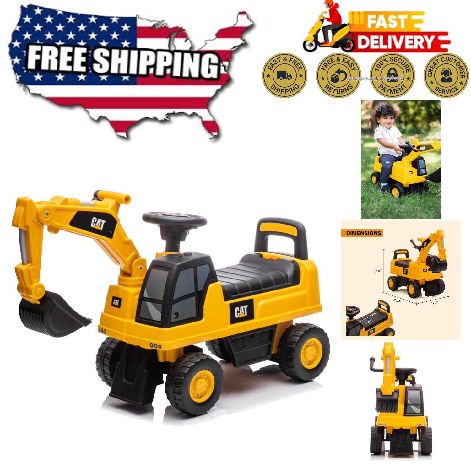 Official CAT Excavator Push Car with Storage and Sounds – Perfect Ride-On Fun