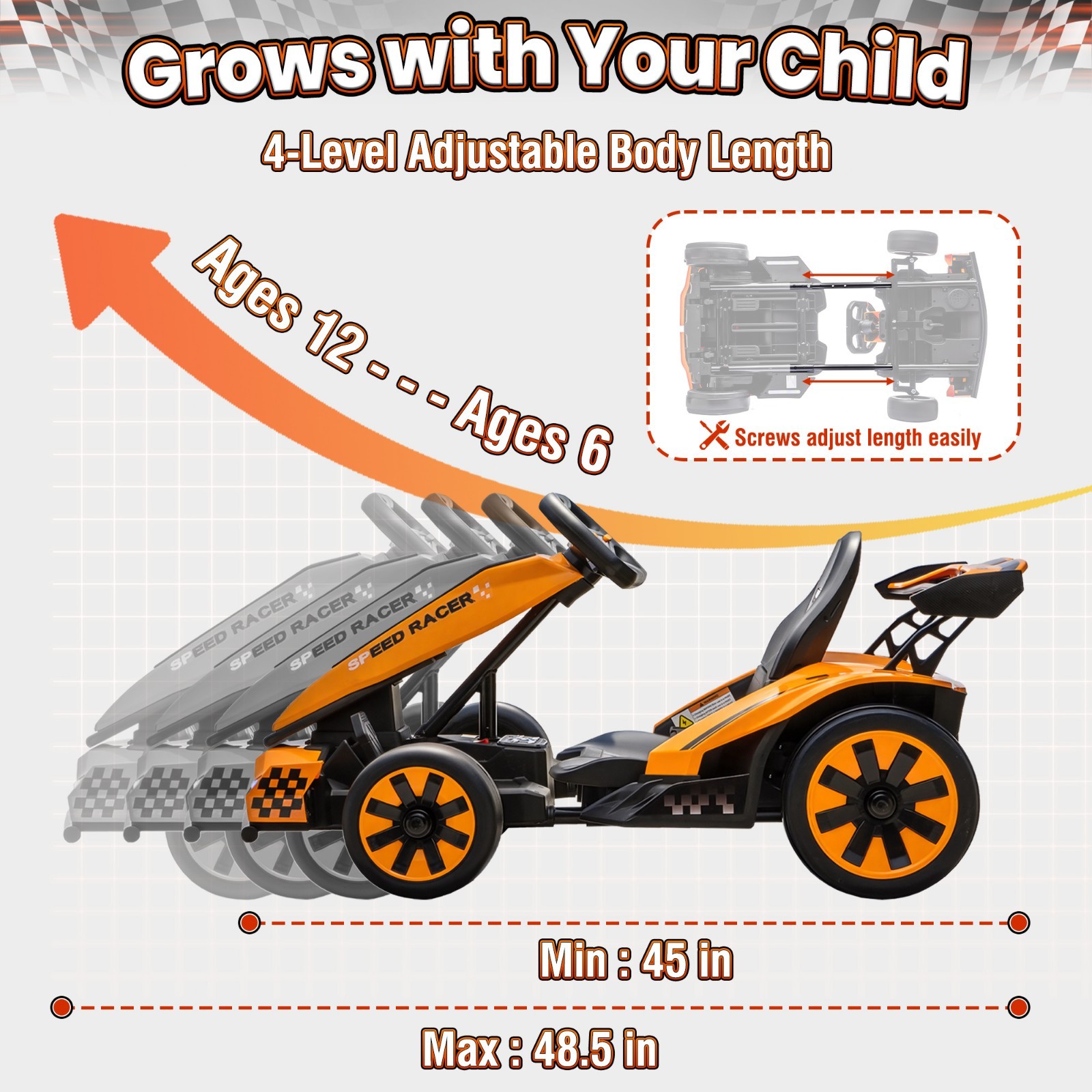 24V 10Ah Kids Drift Go Kart Dual Motor Adjustable Frame LED Underglow Lights