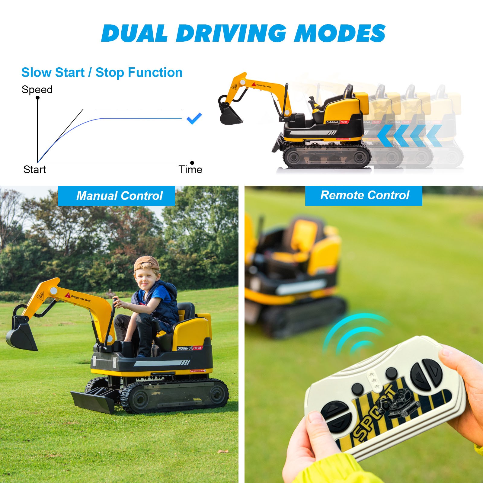 2 IN 1 Electric 12V Battery 360° Kids Ride On Excavator Bulldozer Remote Yellow
