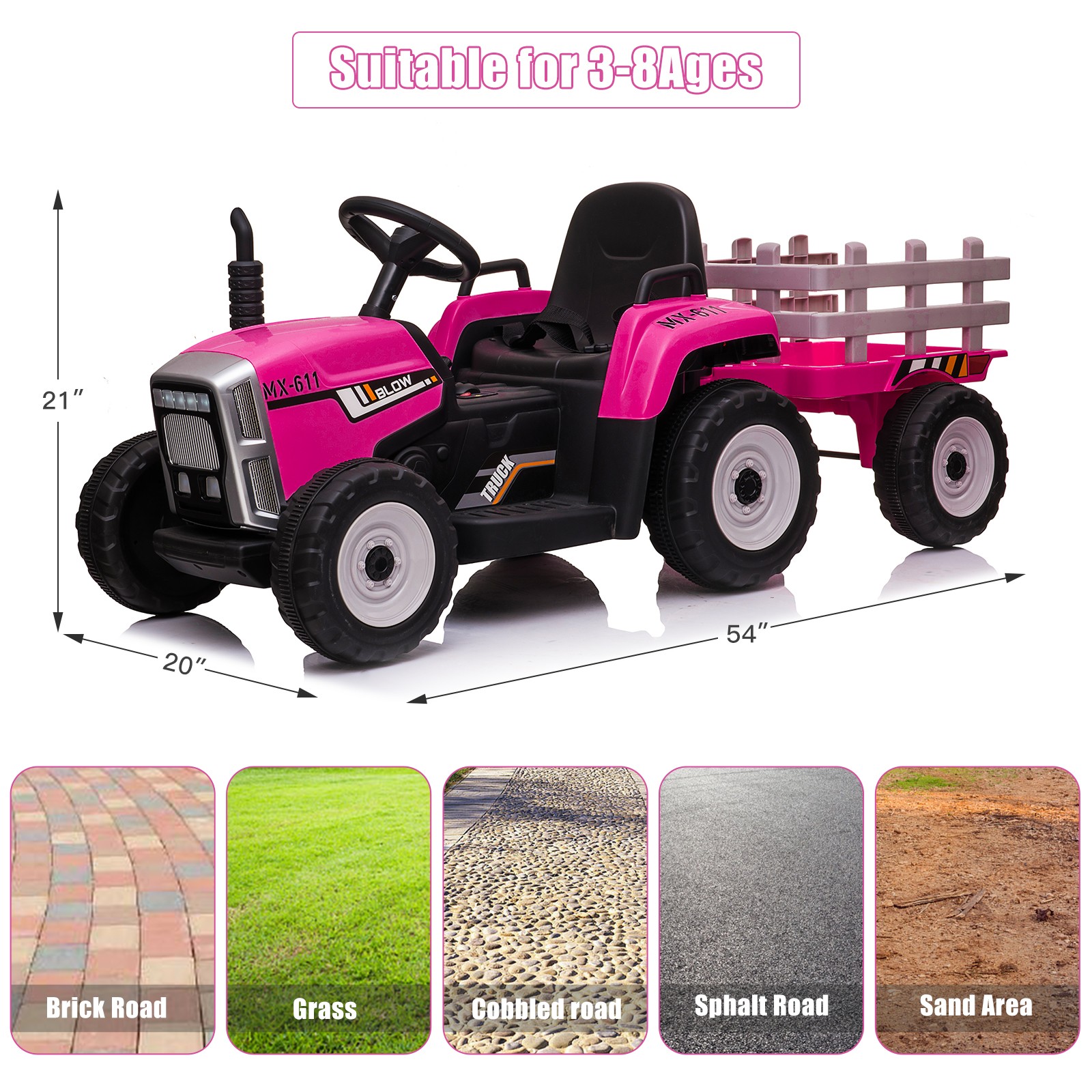 12V Electric Tractor for Kids Pink, Battery-Powered Ride-On Car with Trailer