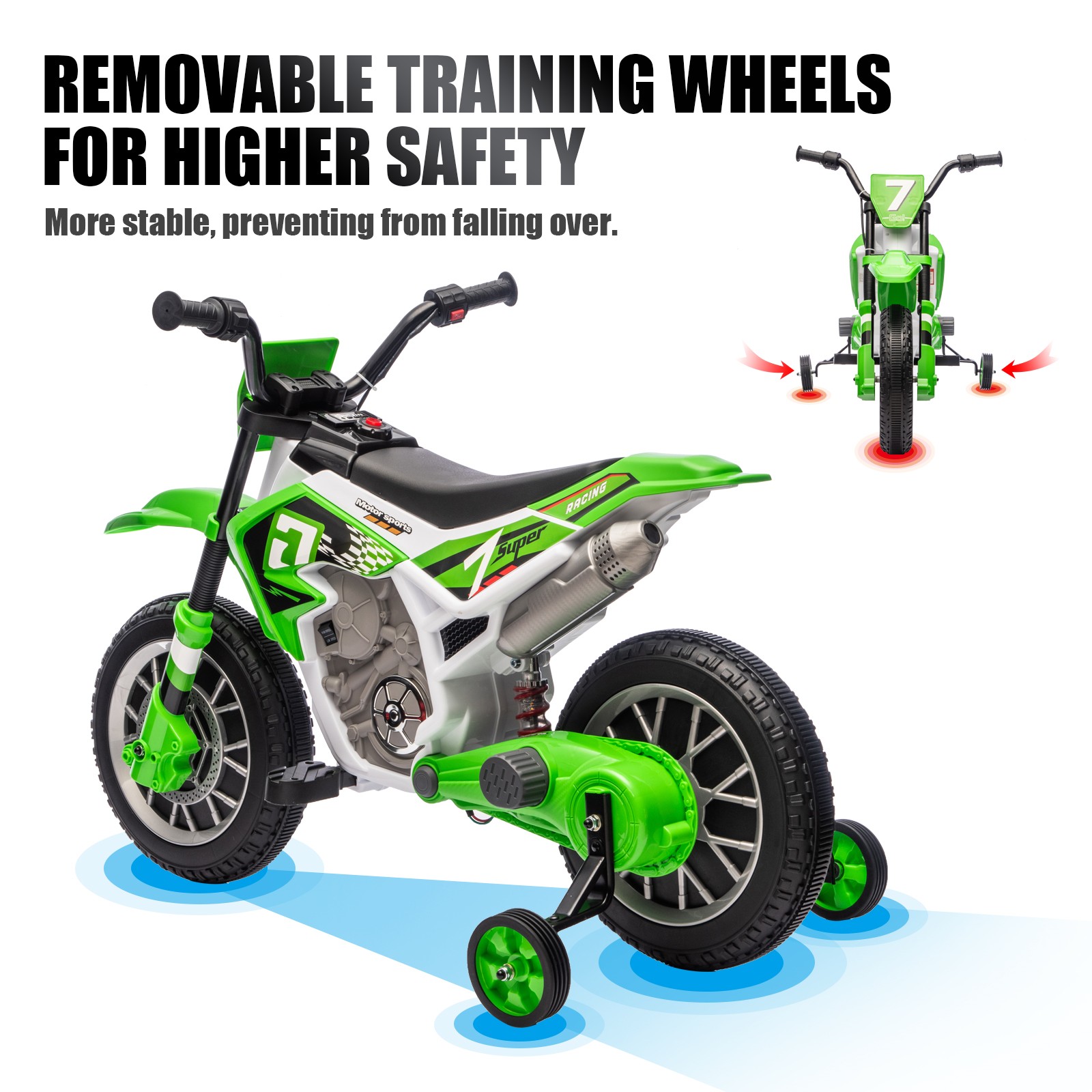 12V Kids Ride On Motorbike Motorcycle Dirt Bike with Music,Training Wheels Green