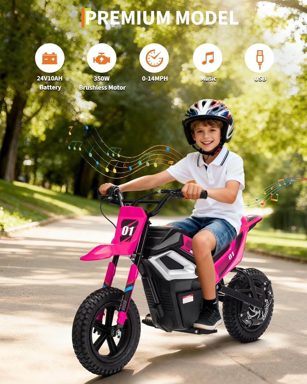 24V 350W Kids Electric Dirt Bike, 13.67 MPH, 12-Mile Range with Rear Suspension