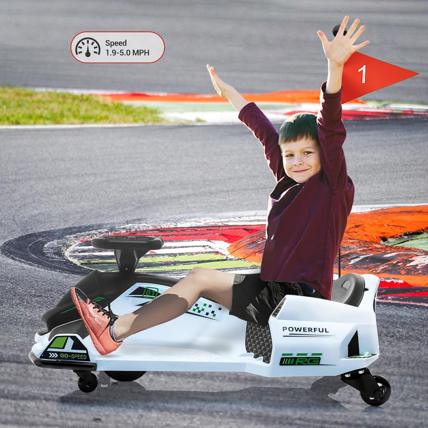 Kids Drifting Car, 12V Ride on Go Kart with 45W Brushless Quiet Motor, 5 Mph Ele