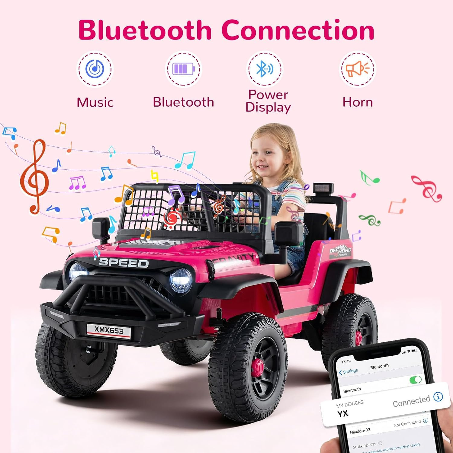 24V Ride on Car with Remote Control, Bluetooth, LED Lights, Horn, Spring Suspens
