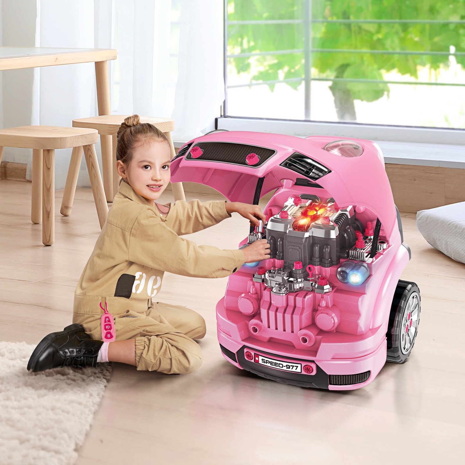 Mechanic Kids Truck Engine Toy Set, Car Service Play Set, Pink