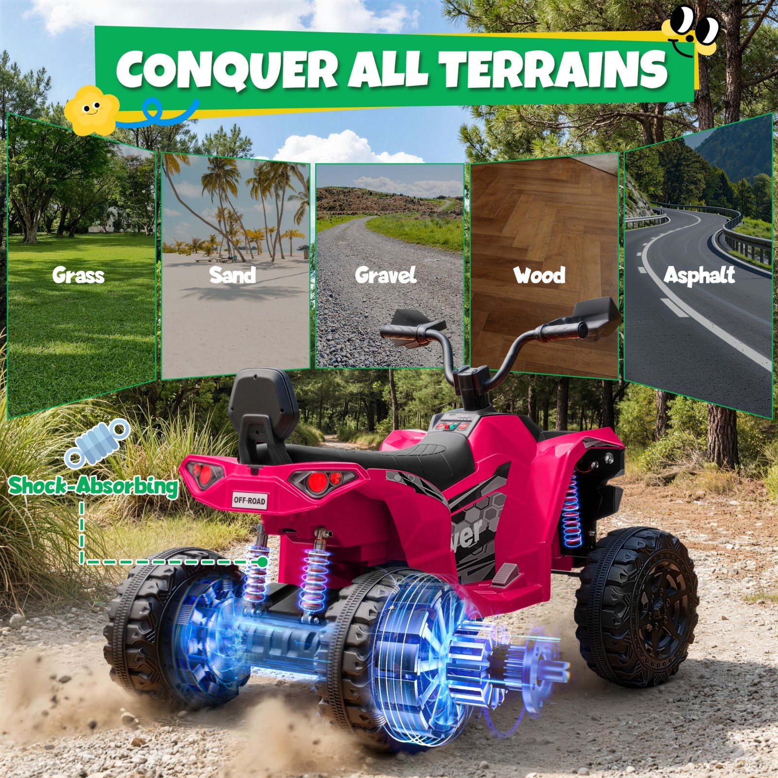 Joyracer 24V 4×4 2-Seater 4-Wheeler, 4 Motors, Shock Absorbers, Deep Tread Tires