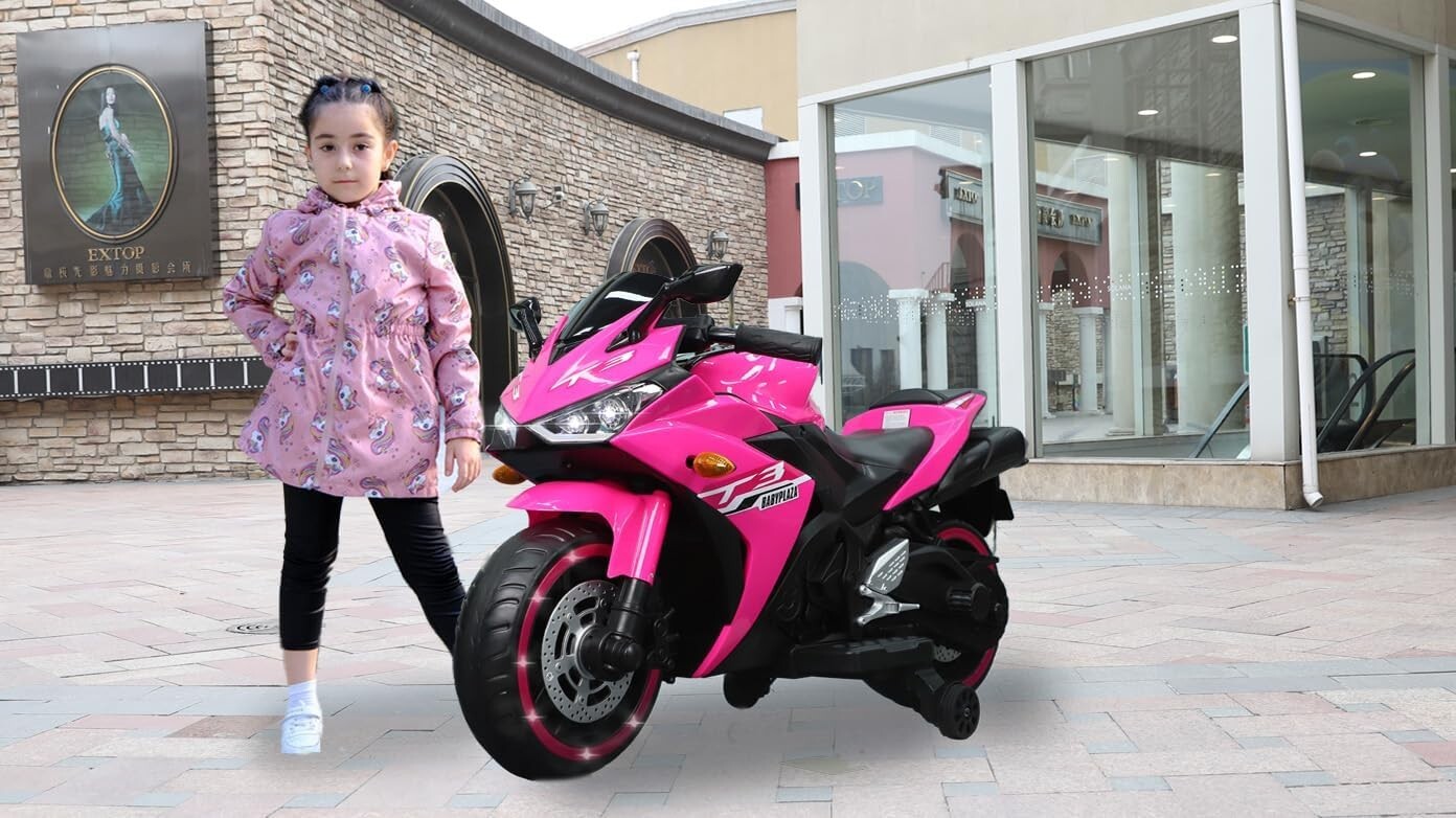 Kids Electric Motorcycle with Trainning Wheels for 3-8 Years Boys Girls,Pink