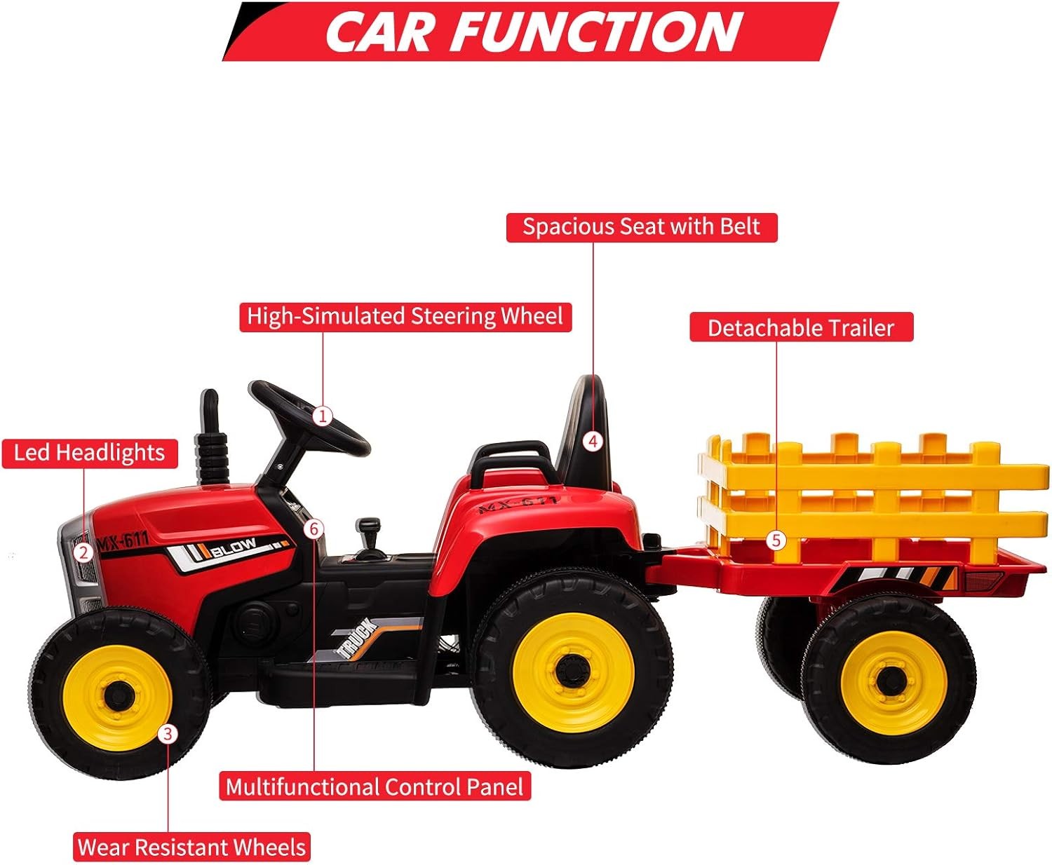 Extra-Large 12 volt Ride-On Tractor with Trailer & FM Radio for Kids Ages 3-7