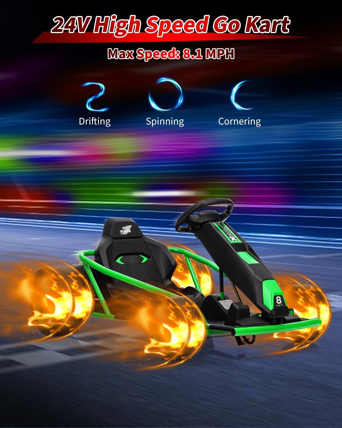 Ride On Go Kart for Kids,Fast Drifting Circling Car,Electric Ride Toy Slow-Green