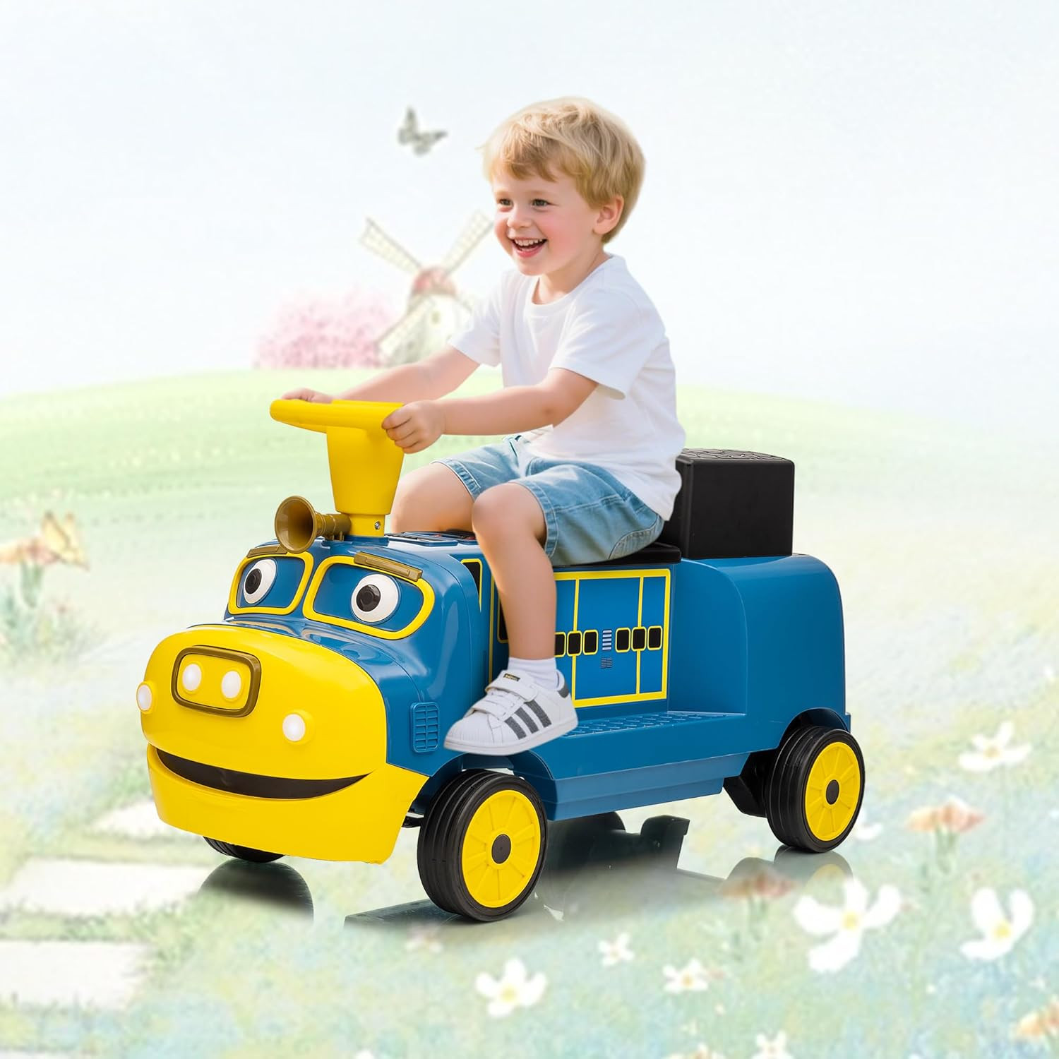 Blue/Red 2-Seater Ride On Train 12V Kids Electric Car w/Music,Light,Honk,Storage
