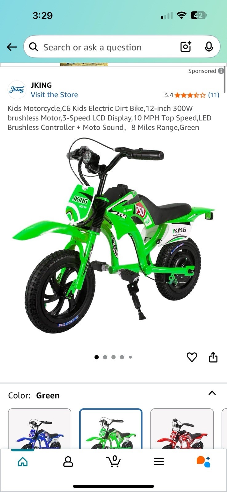 Kids Electric Dirt Bike 12inch 300W 3 Speed 10mph Top Speed