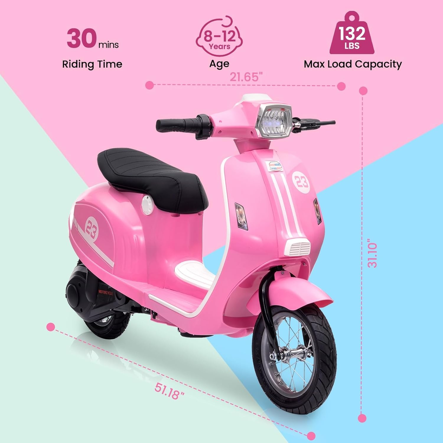 Electric Kids Moped 24V, 350W, Waterproof, 12″ Tires, Suitable for Children 8+