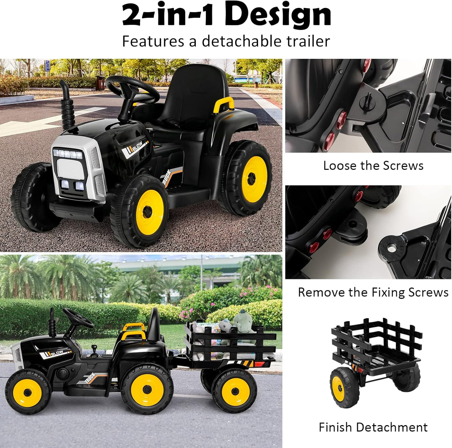 Ride on Tractor with Trailer, 12V Electric Vehicle for Kids, 3-Gear-Shift Ground