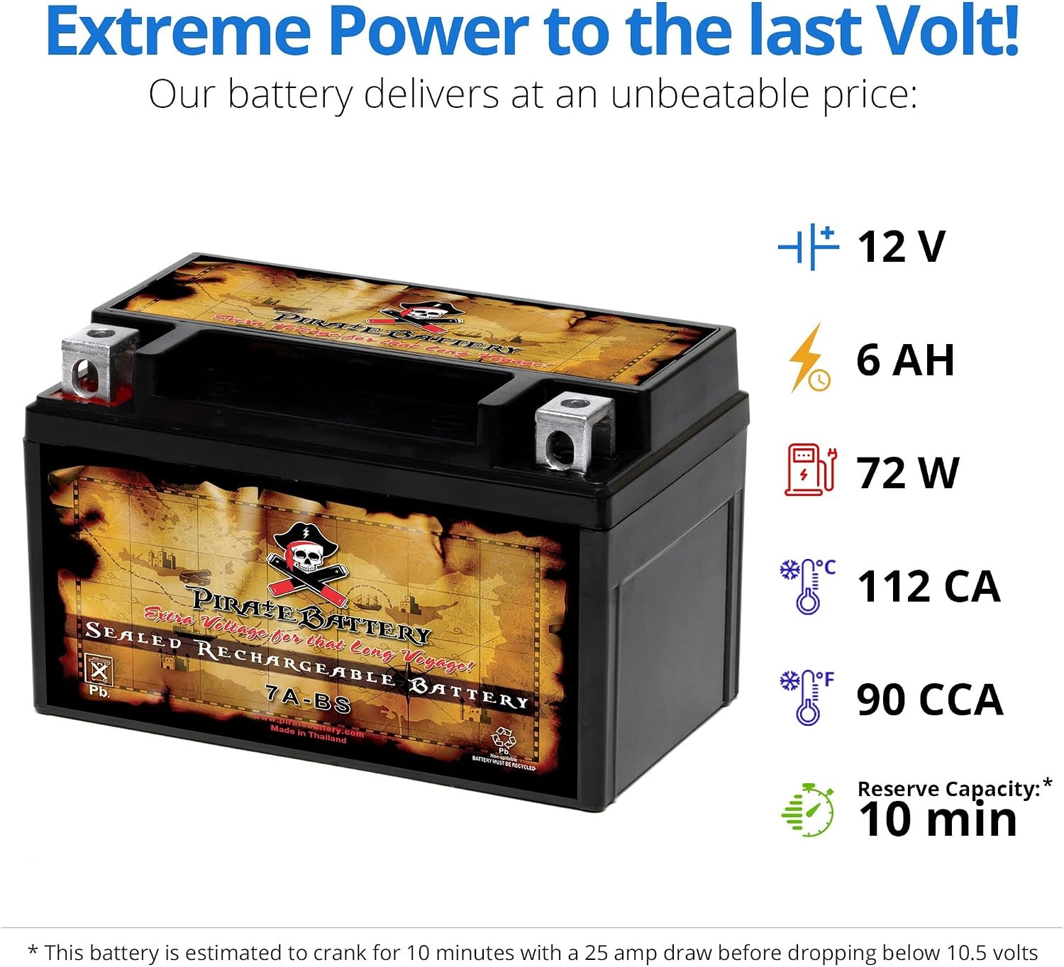 Pirate Battery YTX7A-BS 12V 90 CCA AGM – Maintenance-Free 6 Ah Battery for ATV,