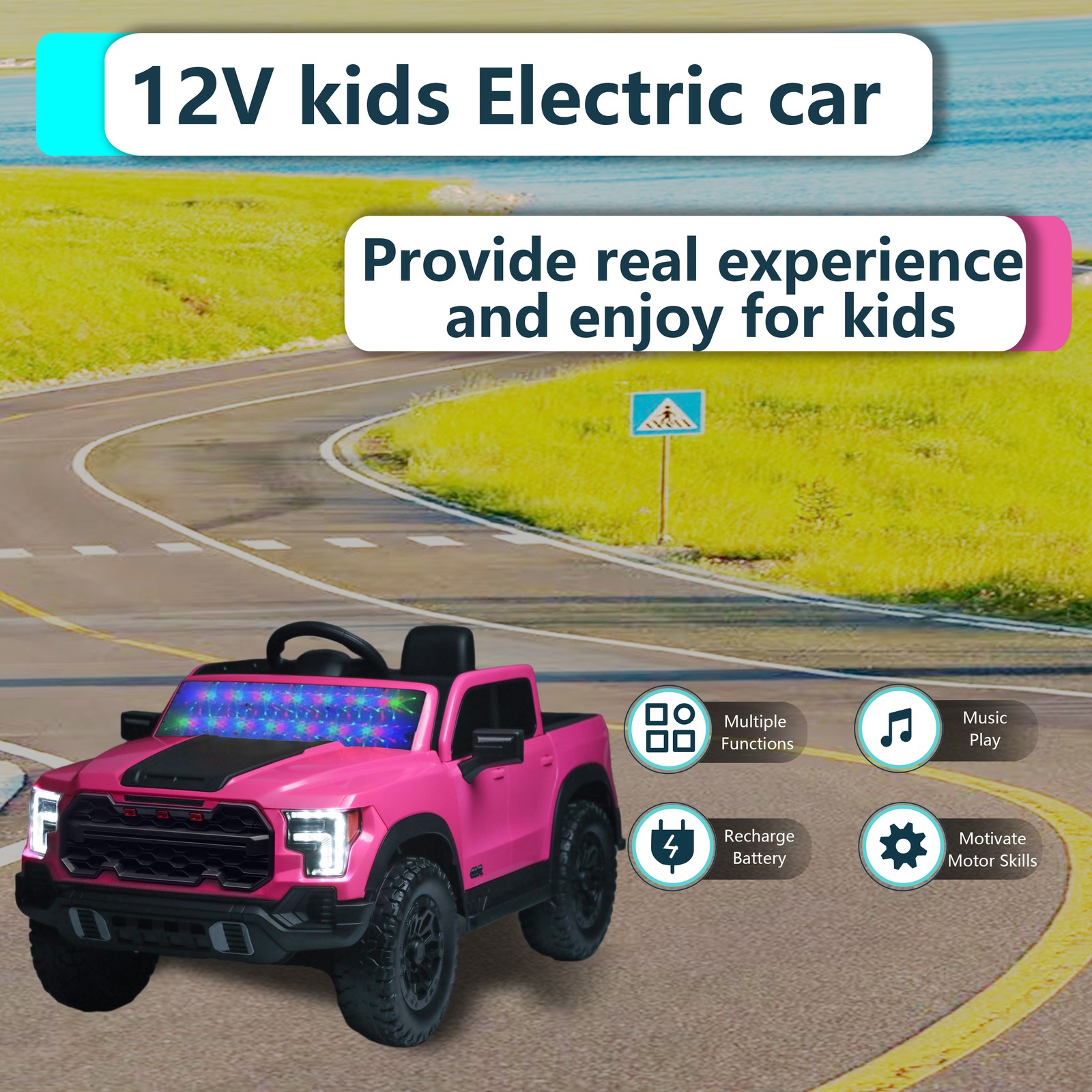 12V Kids Ride-On Car Remote Control, 4-Wheel Shock Absorption 3-6 Years Pink