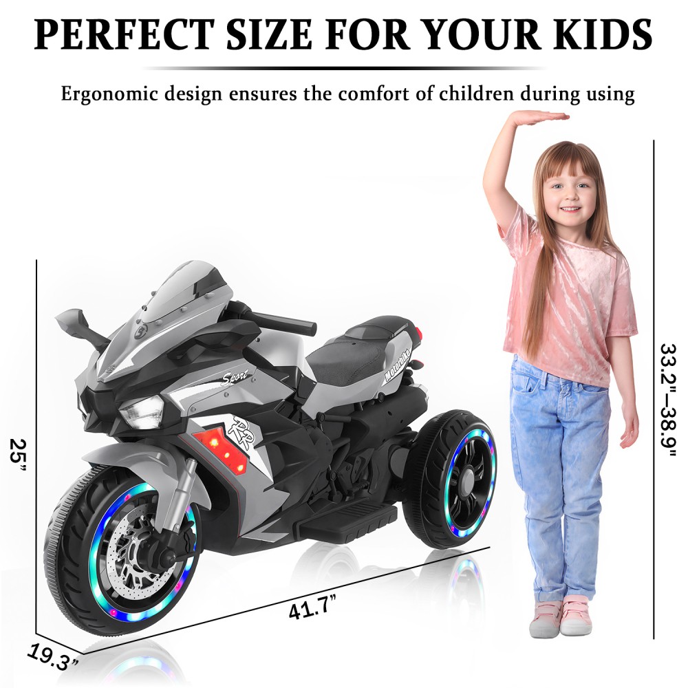 12V Gray Kids Electric Motorcycle, USB MP3 Function, Premium Gift for Kids