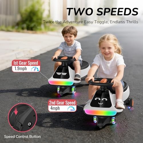 Black White 12V Electric Wiggle Car for Kids with Pedal & Display – Rechargeable