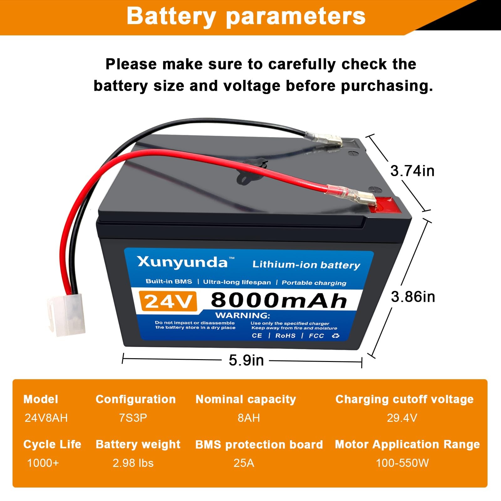 24V 8Ah Lithium Battery for Kids Ride-On Toys Includes 2A Charger/25A BMS,Compat