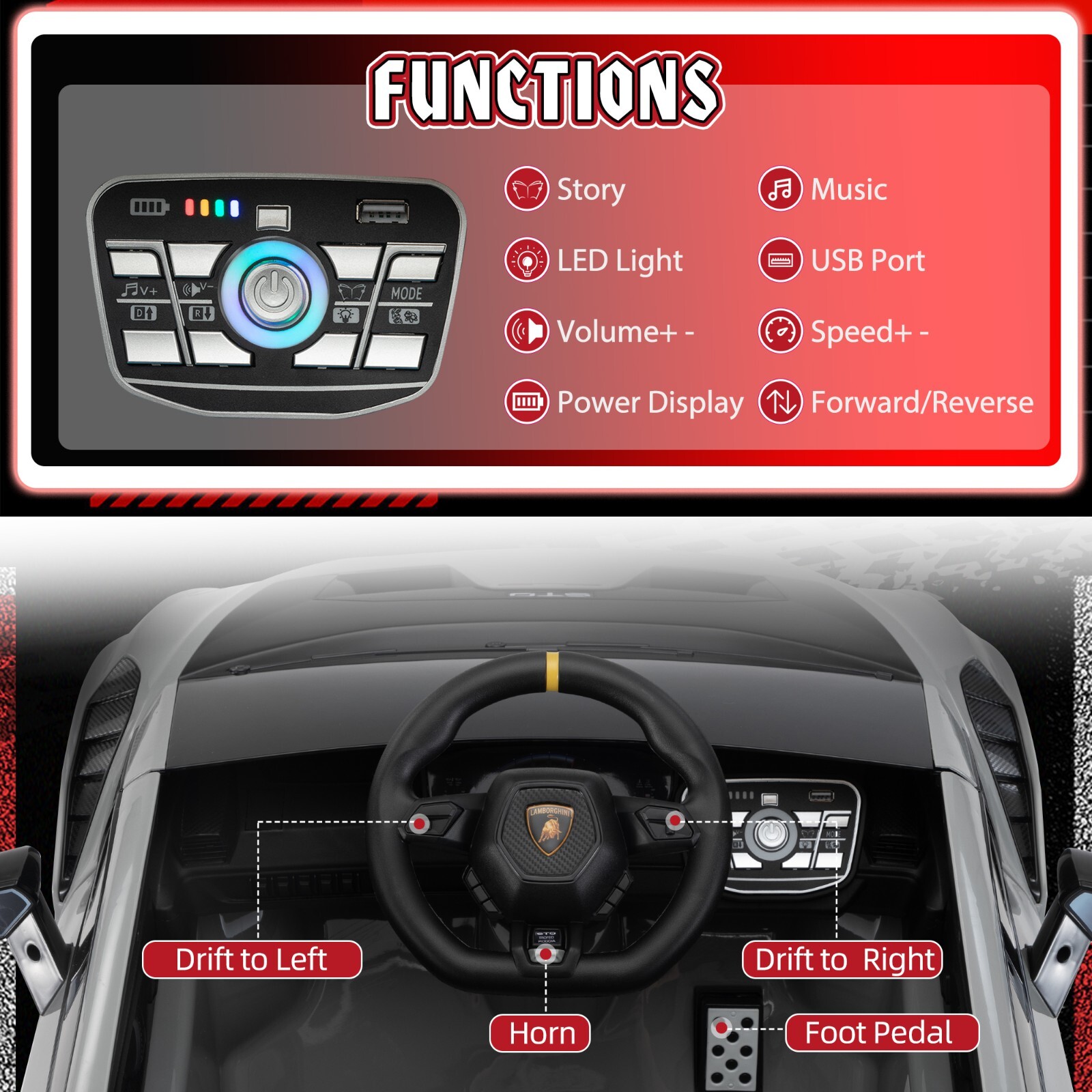 24V TOBBI Kids Electric Ride On Car Licensed Lamborghini STO W/ 360° Drifting