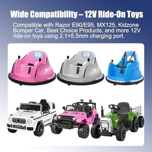 12V Ride On Toy Charger, 5.5mm x 2.1mm Round Plug, 6.6FT Cable | For 12V ride-on