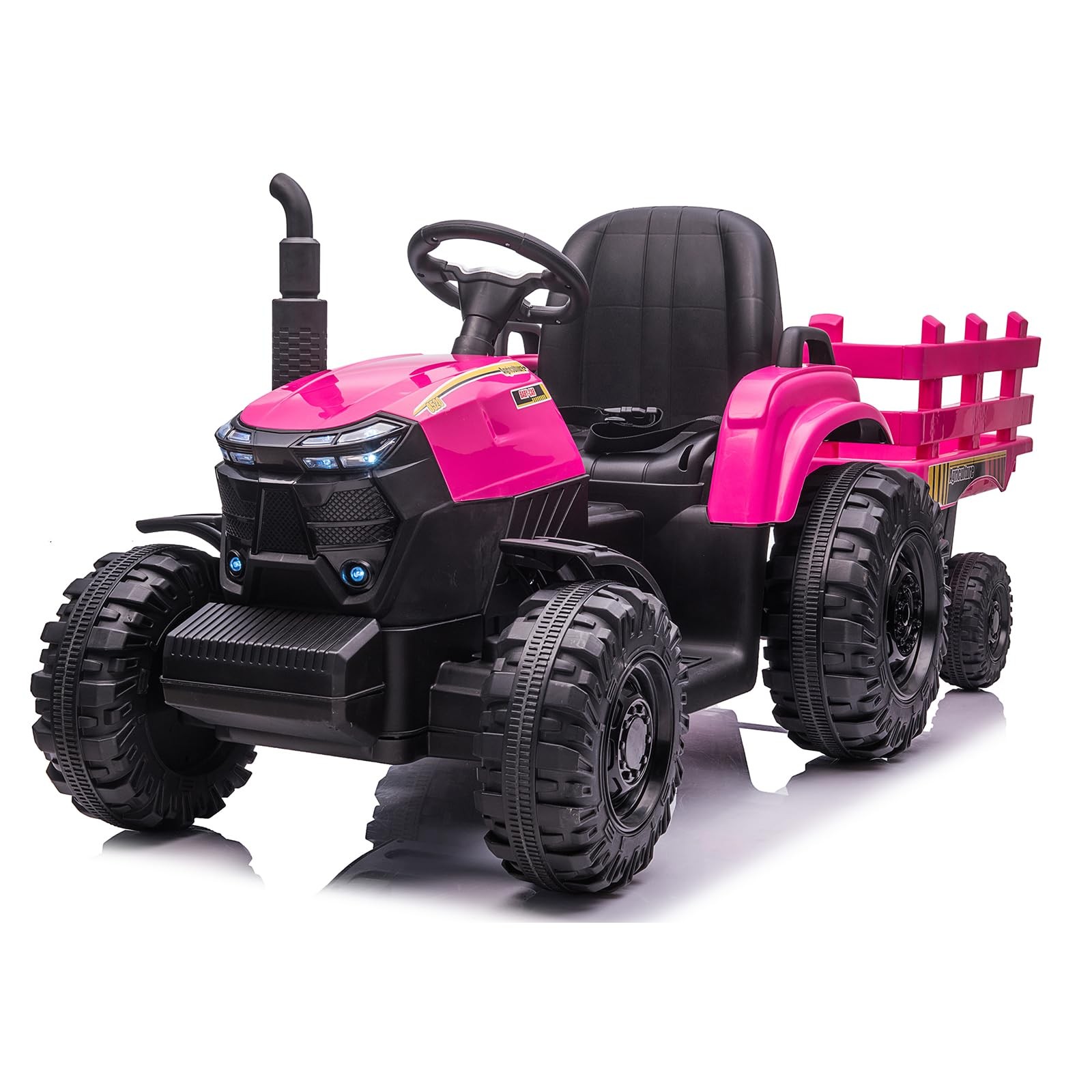 12V Electric Tractor with Detachable Trailer, Toddler Ride On Car/7-LED Headligh