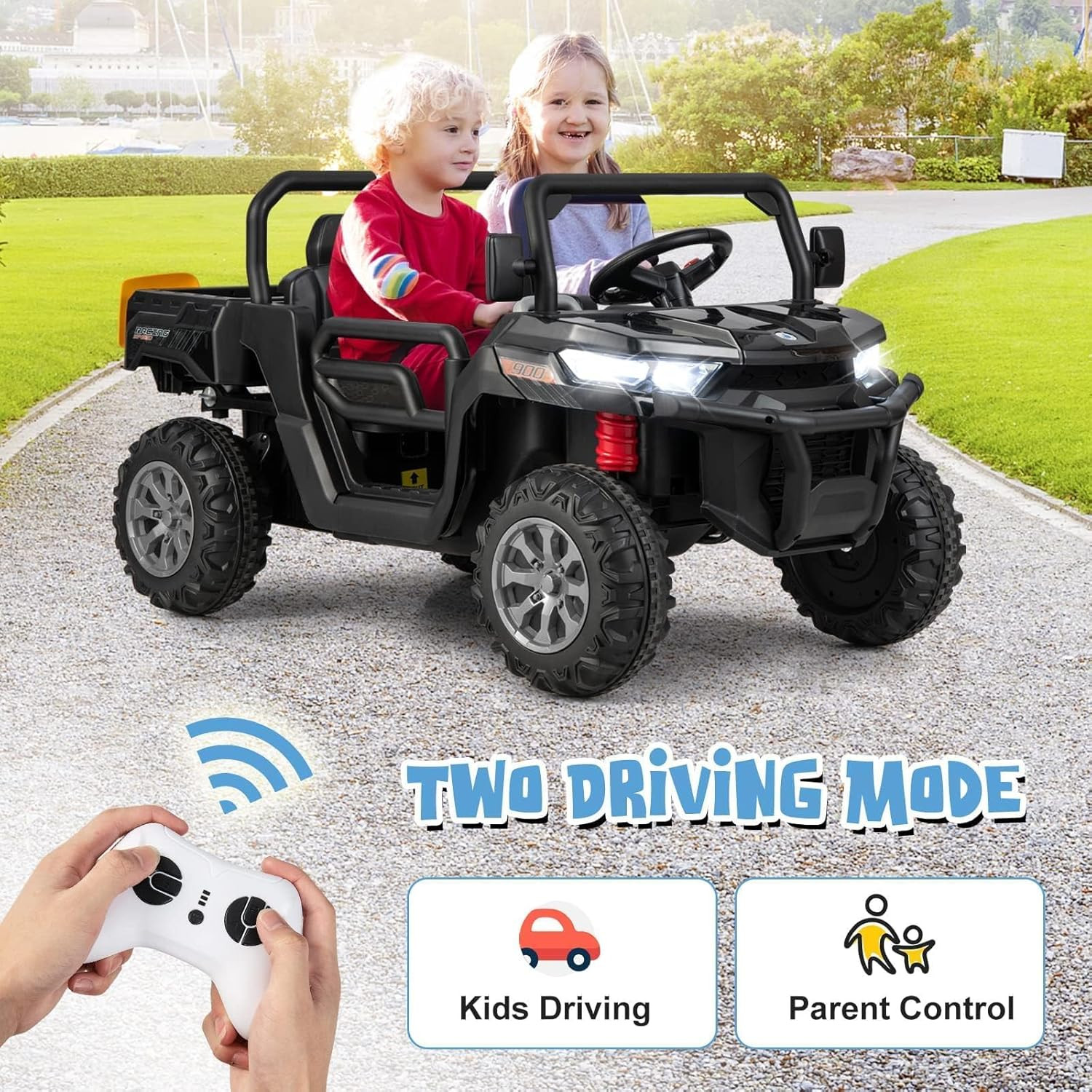 2 Seater Ride on Car, 12V Off-Road UTV Electric Vehicle with Remote Control, Dum