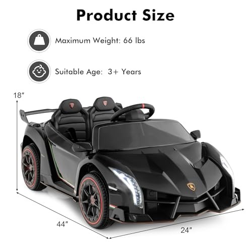 Kids Ride-On Car, 2 Seater, 12V 4WD, Lamborghini Veneno Powered, Black