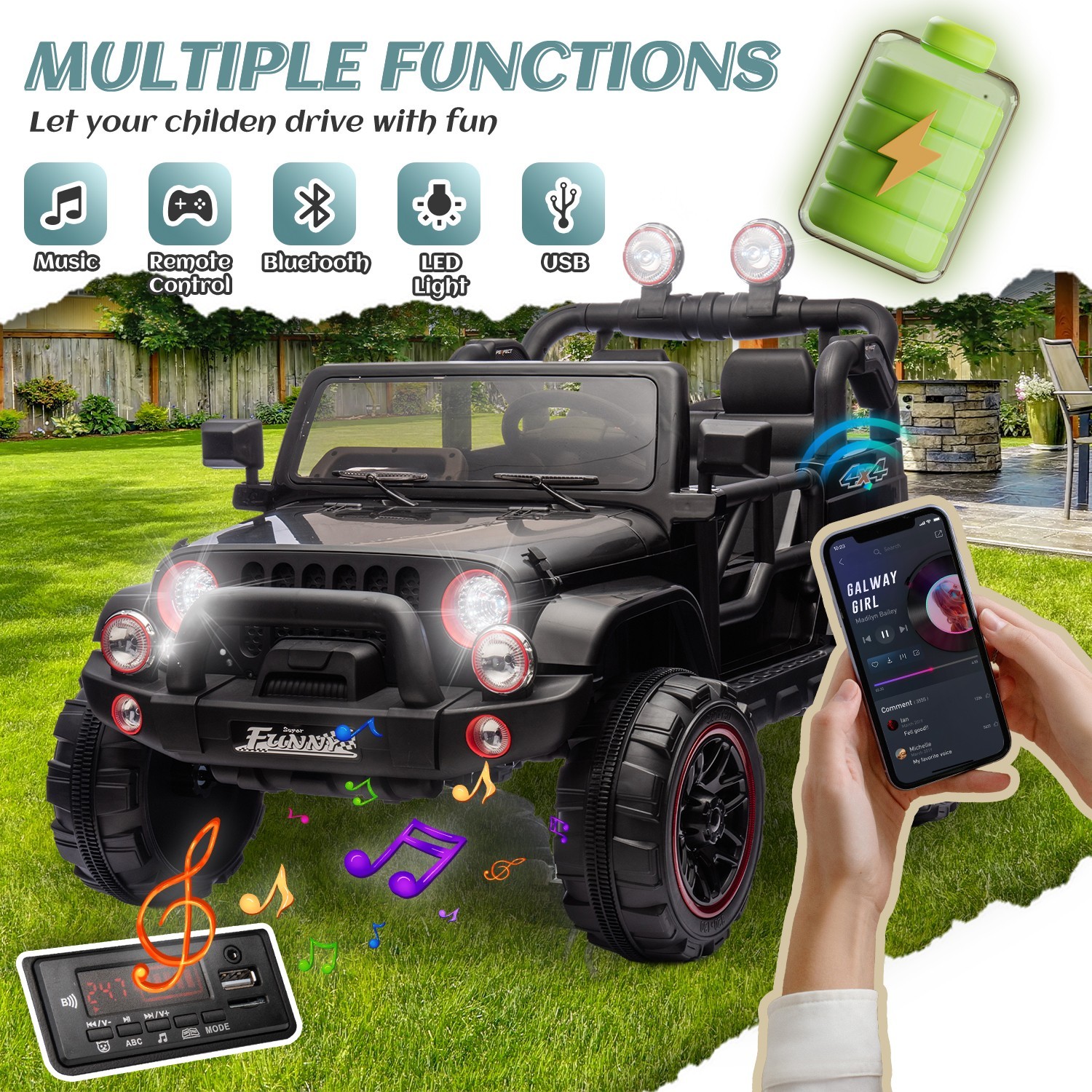24V Kids Ride On Car 2 Seater Electric Truck Toys w/Remote, LED, 24V 7AH Battery