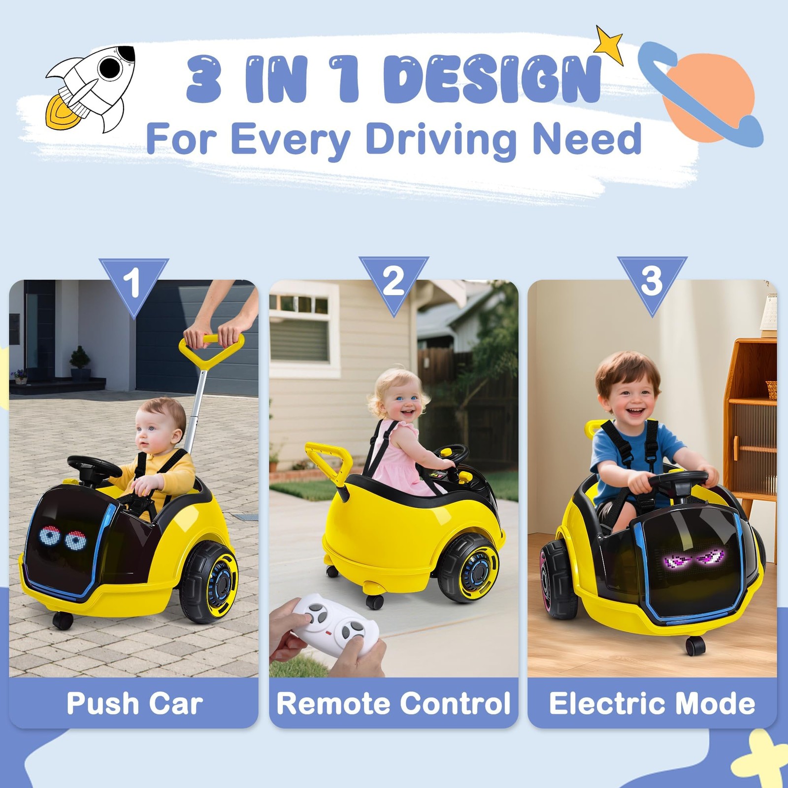 ANPABO 3-in-1 Electric Push Ride On Car, 12V Kids Ride On Toy w/Remote Contro…