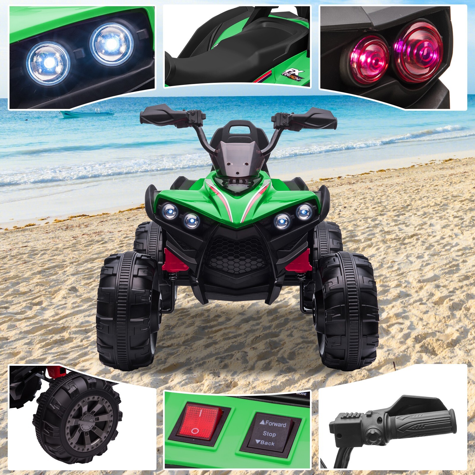 ZEOPHOL 12V Kids Ride-On Electric ATV Off-Road Quad Car Toy 2 Speeds LED Green