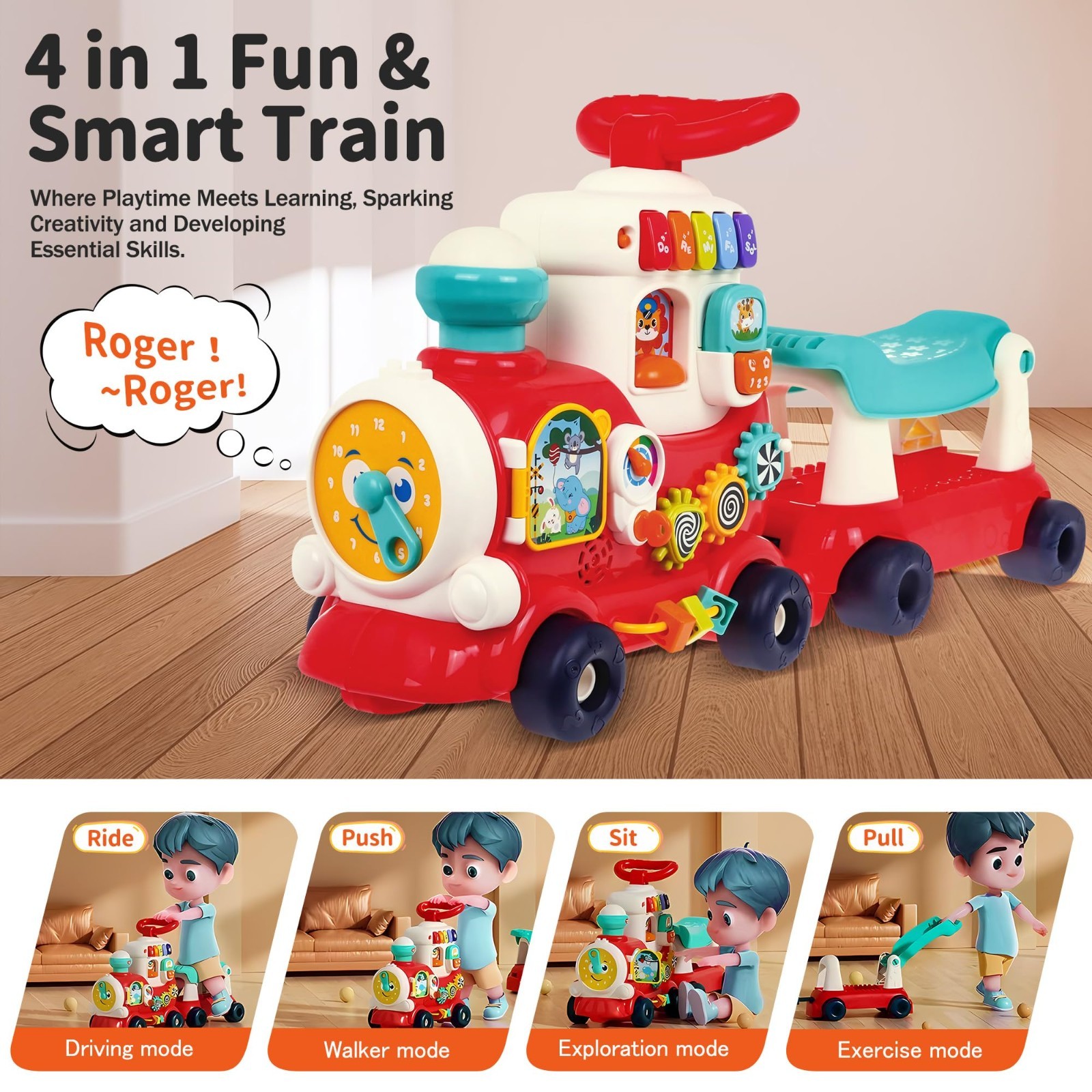 4-in-1 Ride-On Toy for Toddlers 1-3, Push Pull Sit & Stand Walker, Outdoor Indoo