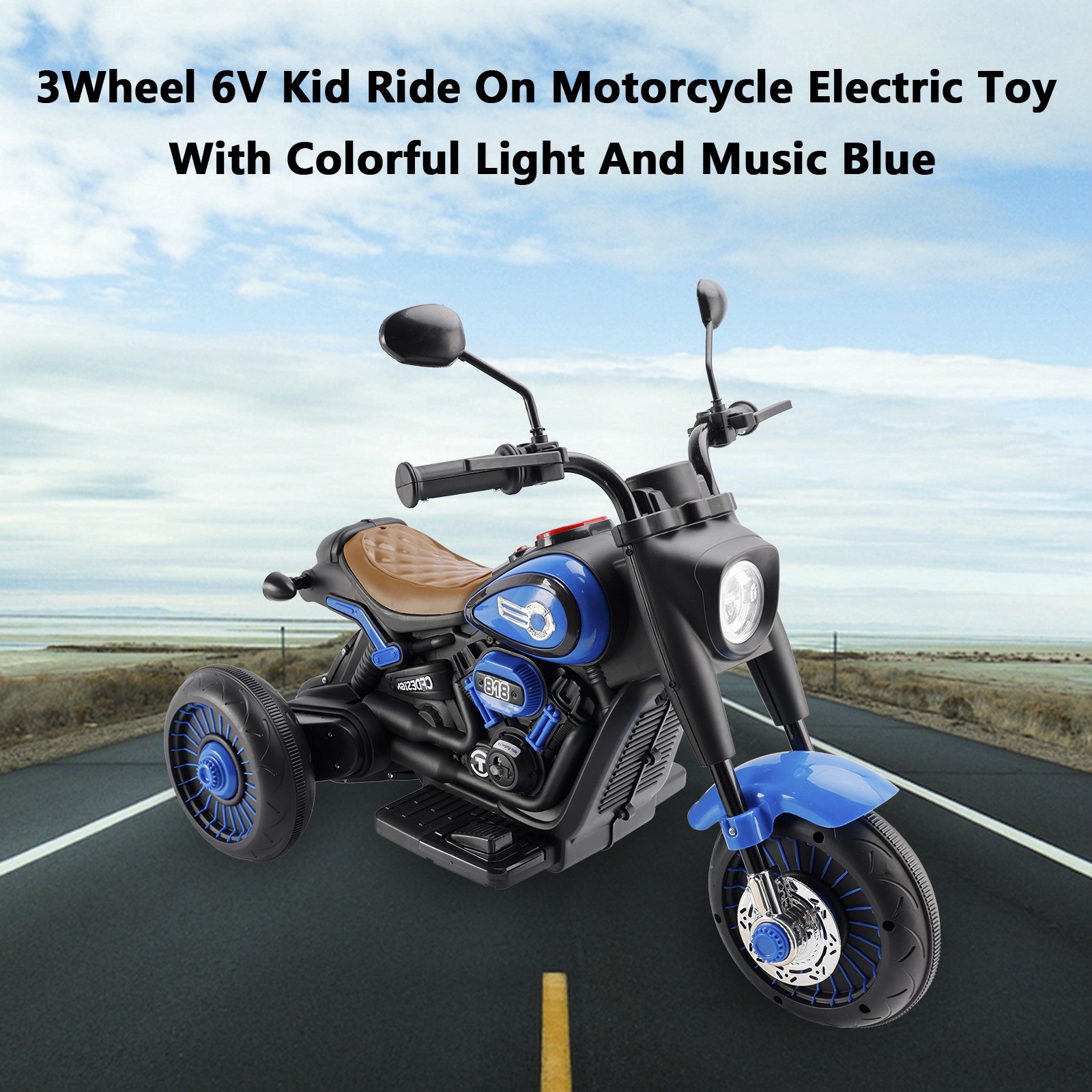 3Wheel 6V Kid Ride On Motorcycle Electric Toy With Colorful Light And Music Blue