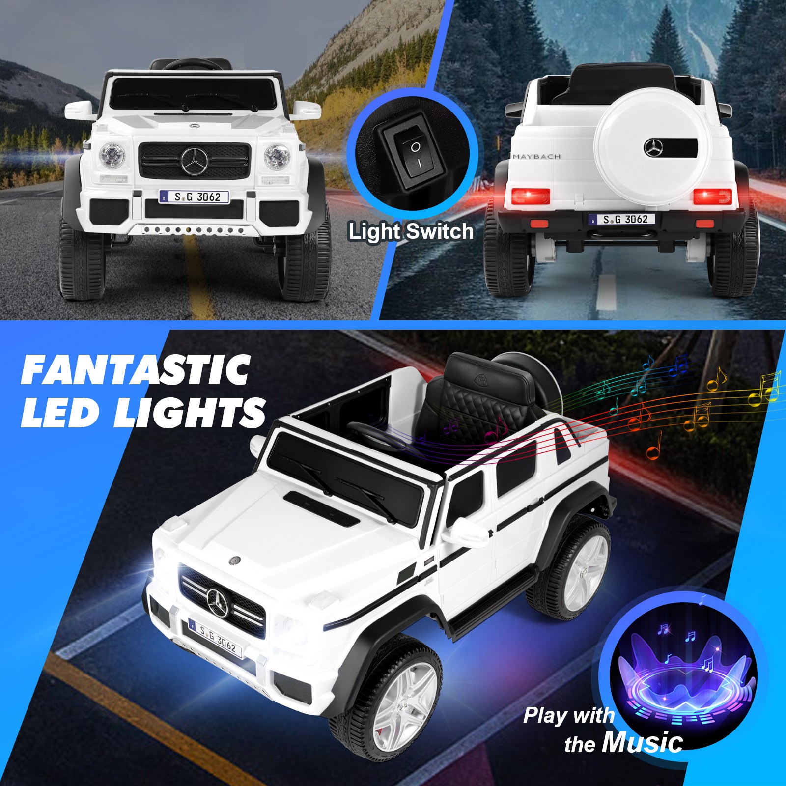 White Electric 12V Battery Kids Ride On Car 3 Speed with Music, LED, MP3, RC