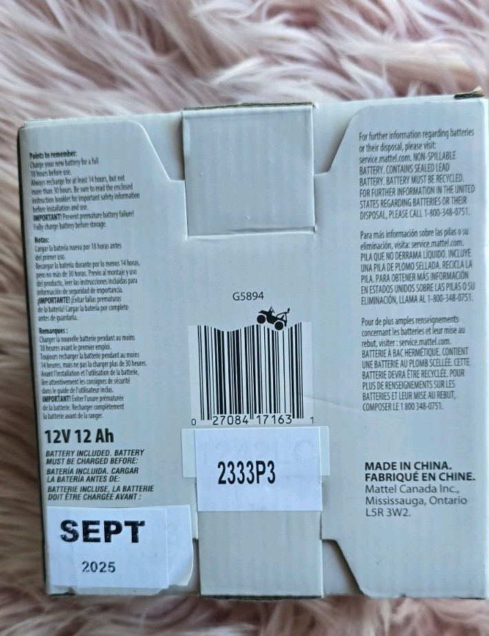 Power Wheels Genuine 12V Rechargeable Replacement Battery G5894 Fisher-Price New