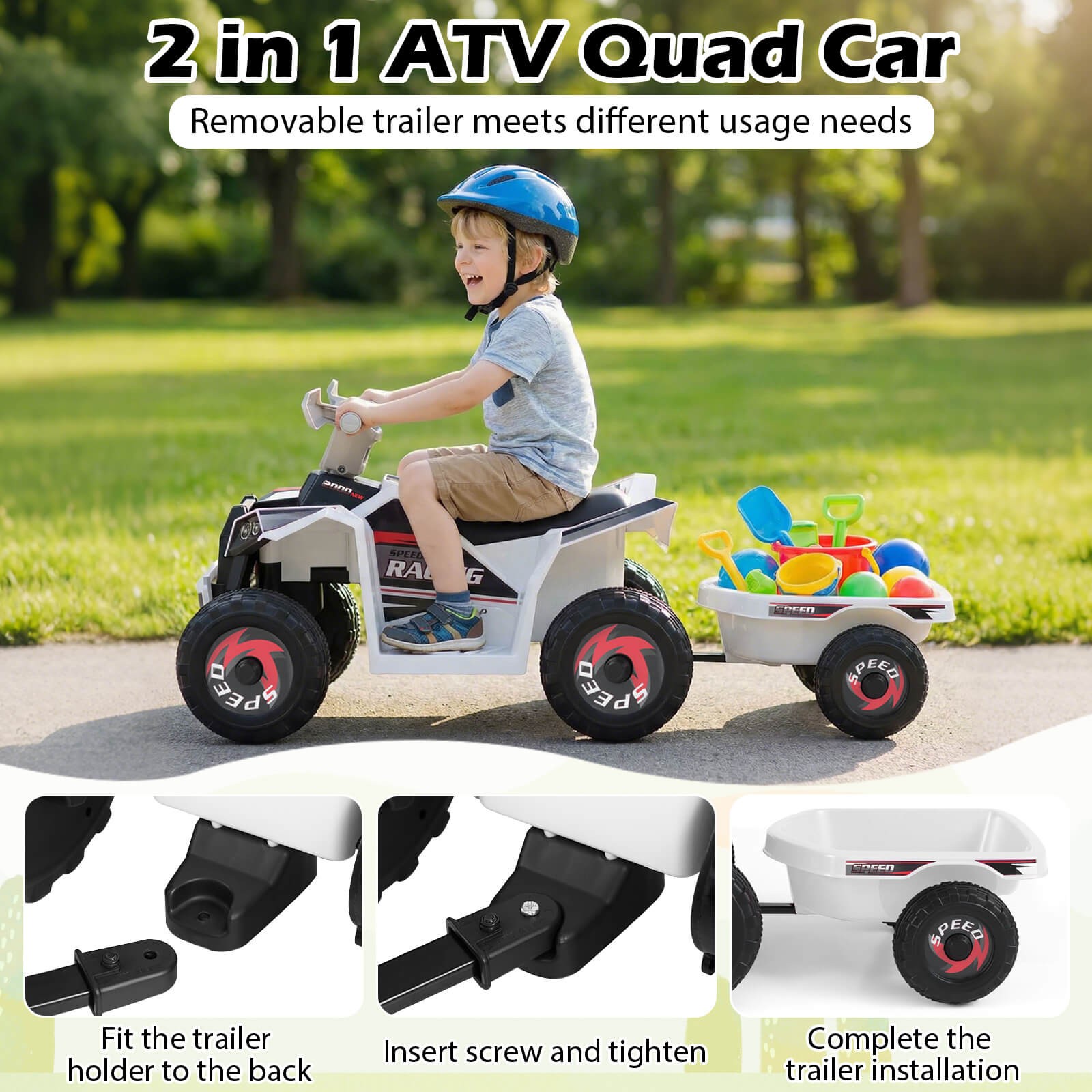 Kids Electric ATV Car, 6V Battery-Powered Ride on Toy w/Removable Back Trailer