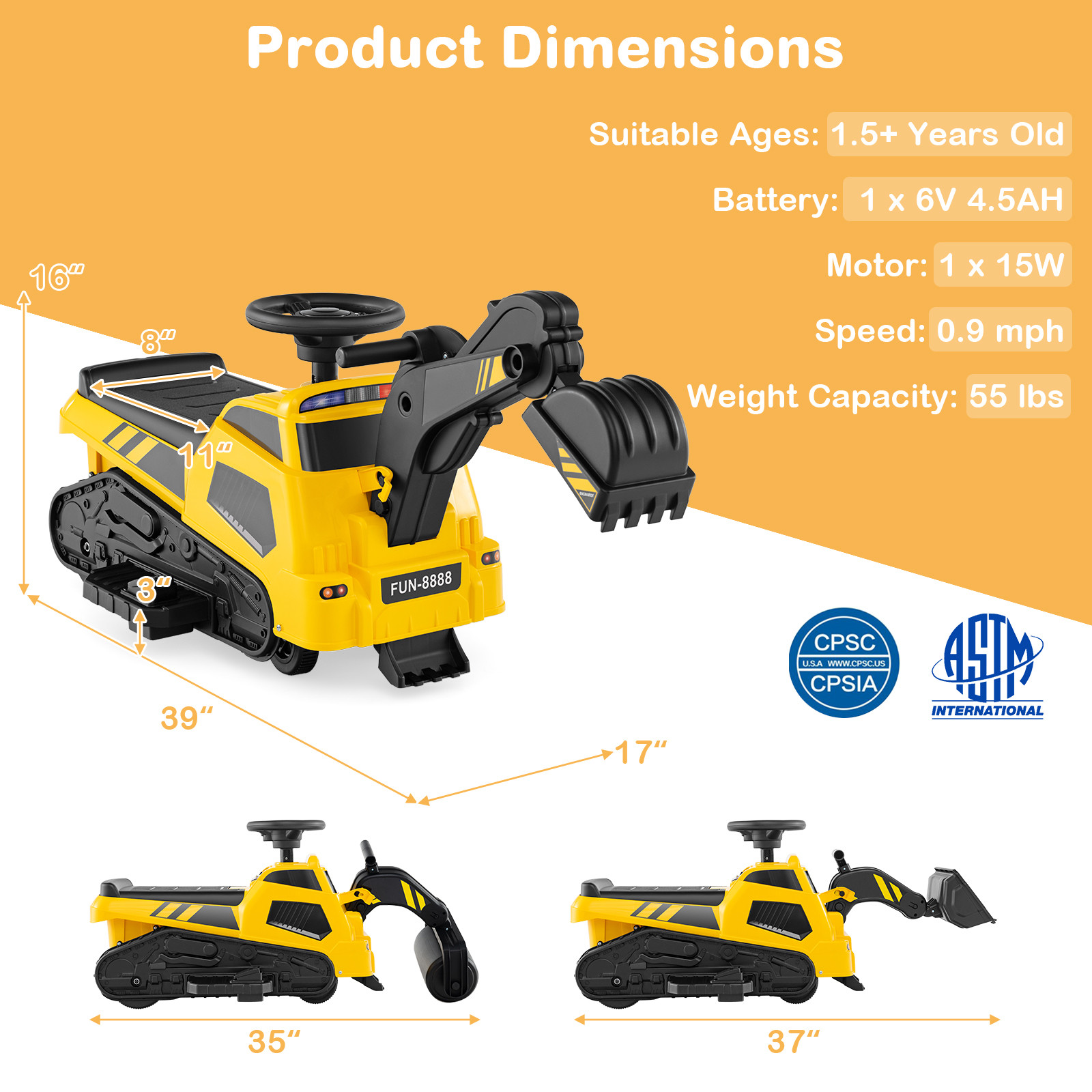 6V Ride on Tractor 3-in-1 Electric Excavator w/ Adjustable Arms Music Yellow Toy