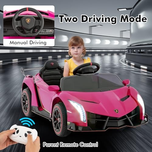 Kids Ride-On Car, 2 Seater, 12V 4WD, Licensed Lamborghini Veneno Electric Pink