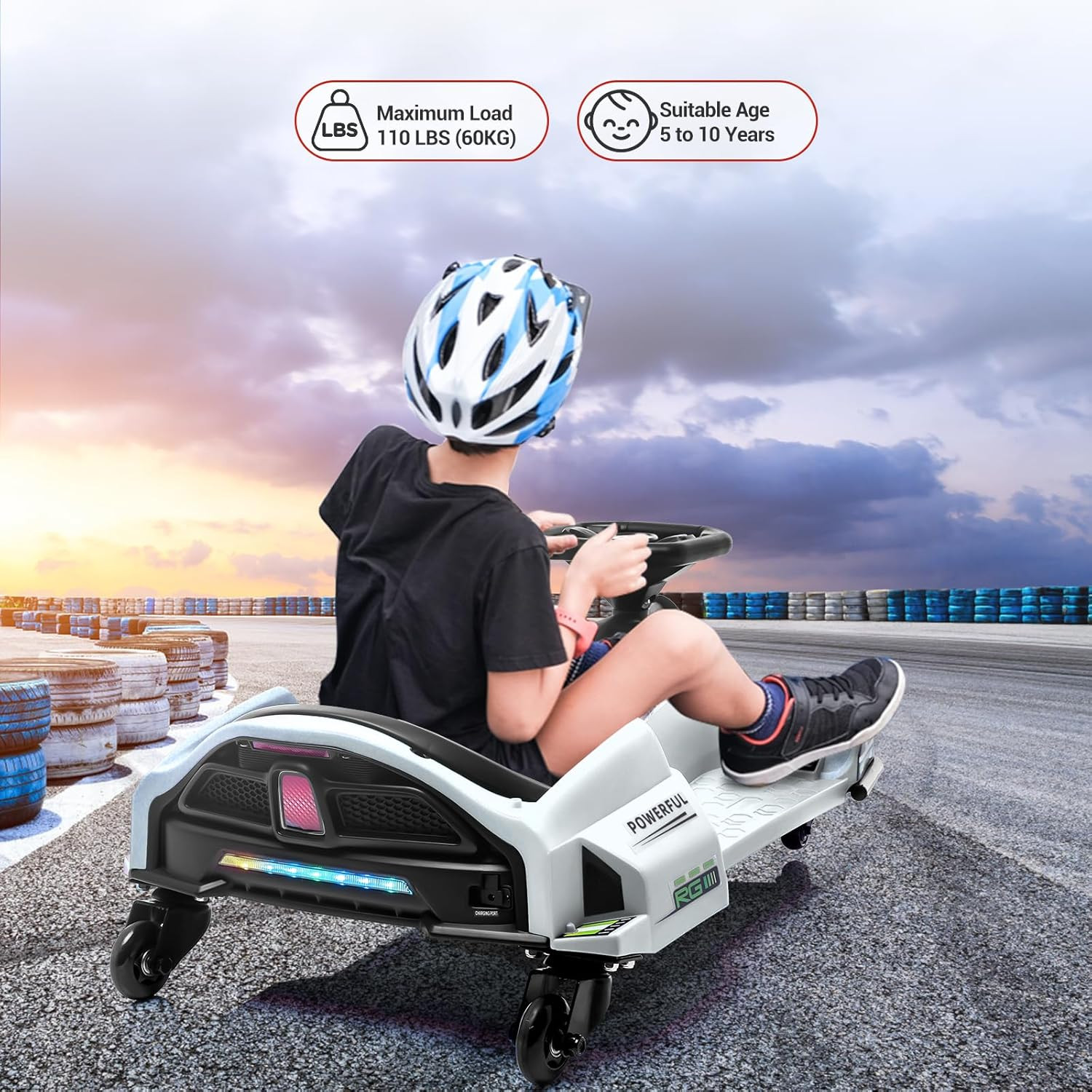 Kids Drifting Car, 12V Ride on Go Kart with 45W Brushless Quiet Motor, 5 Mph Ele